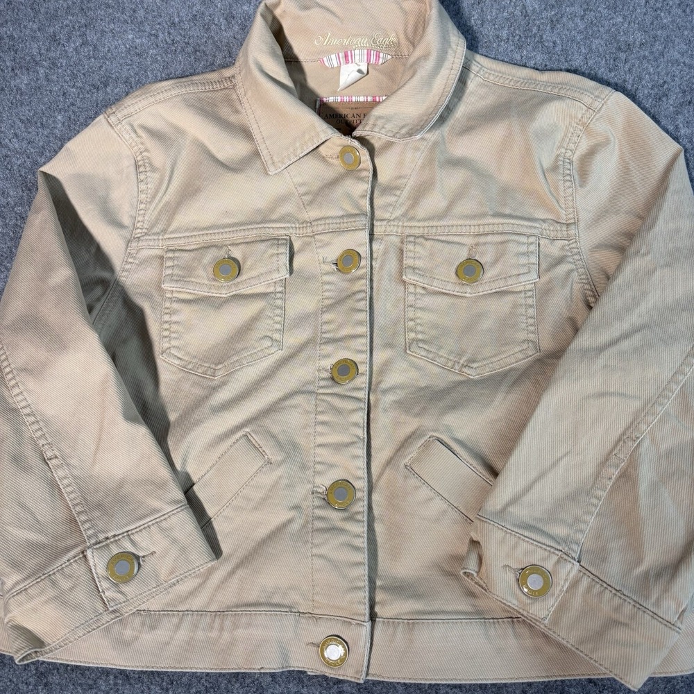 American Eagle Cropped Jacket Womens XL (Fits Medium) Tan Denim Y2K Casual Fit